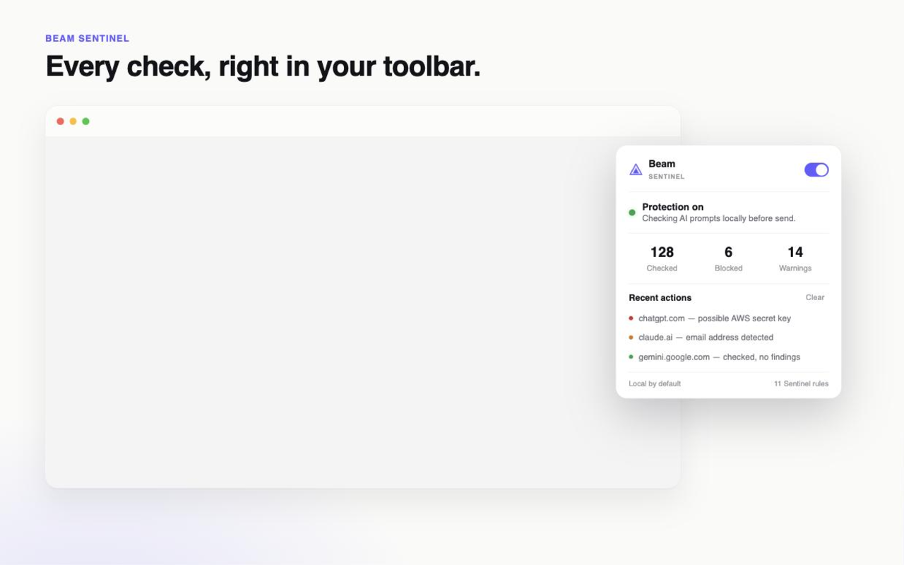 Beam Sentinel toolbar popup showing protection status, action counts, and recent decisions.